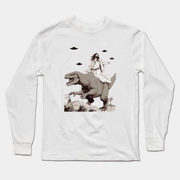 Jesus Riding Dinosaur UFO Funny Long Sleeve T-Shirt by Mimimoo